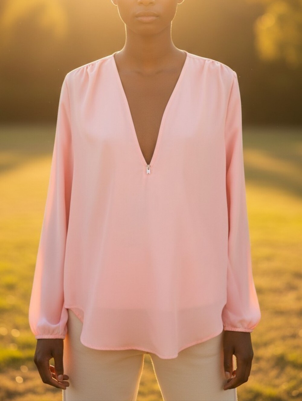 Zipper Neckline Sheer Pink Longsleeve Blouse, L